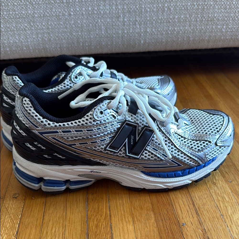 New Balance Metallic Silver and Blue Sneakers
